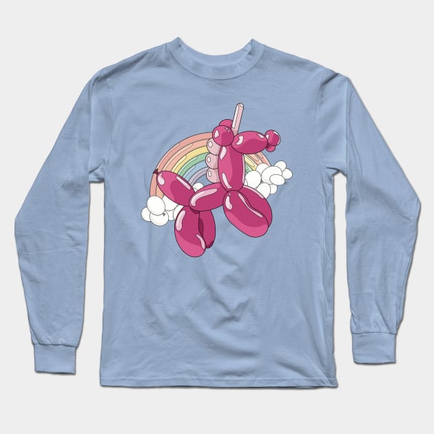 A light and dark pink unicorn balloon with a ballon rainbow and balloon clouds behind it. Long Sleeve T-Shirt by Fruit Tee